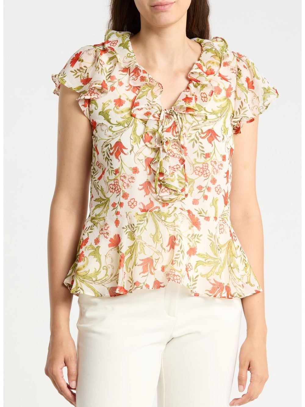 CeCe Floral Ruffle Blouse Size L Cottagecore Romantic Rayon Top